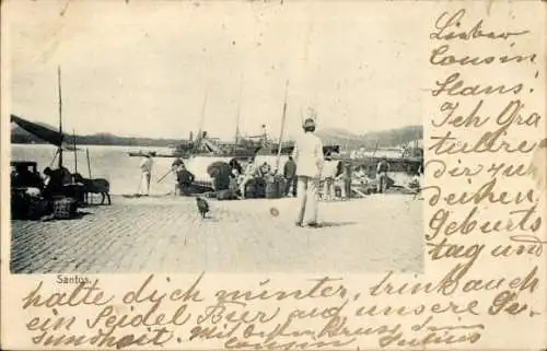 Ak Santos Brasilien, Hafenansicht, Fischer, Boote, Wasser, Menschen, Hütten