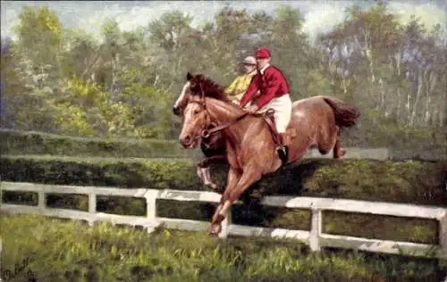 Künstler Ak Pferderennsport, Reiter, Hindernis