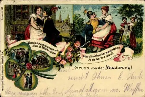 Litho Rekruten vor und nach der Musterung, Kleeblatt