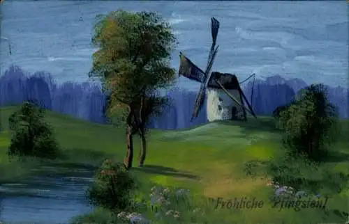 Handgemalt Künstler Ak Glückwunsch, Pfingsten, Windmühle