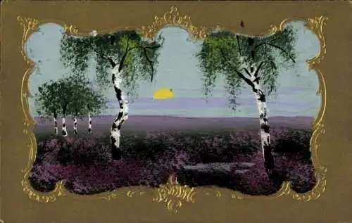 Handgemalt Passepartout Ak Blütenfeld, Birken