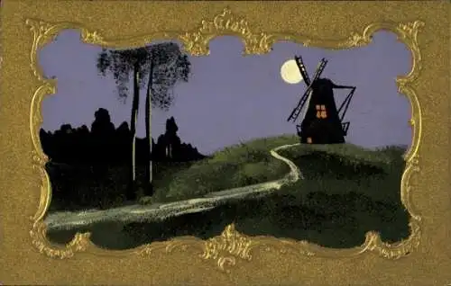Handgemalt Präge Passepartout Ak Landschaft, Windmühle bei Nacht