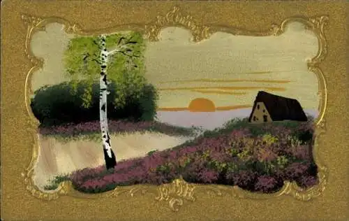 Handgemalt Präge Passepartout Ak Landschaft, Haus am Fluss