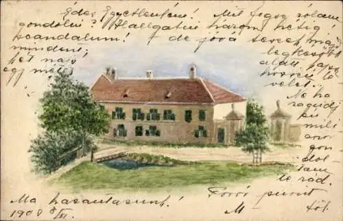 Handgemalt Ak Ortspartie, Gebäude