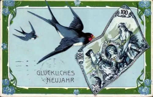 Ak Glückwunsch Neujahr, Schwalben, Geldschein, Blumen