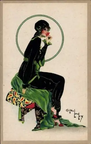 Künstler Ak Gemaltes Porträt einer jungen Frau, Schwarzes Kleid