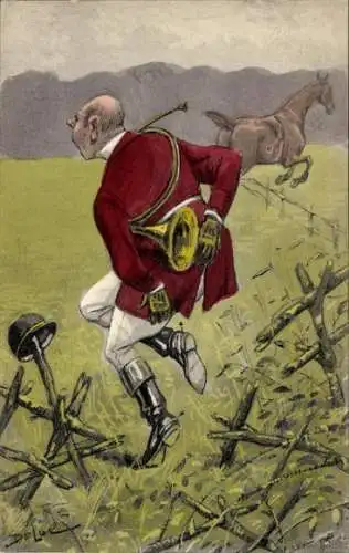 Künstler Ak Jockey, Fliehendes Pferd, Stacheldrahtverhau
