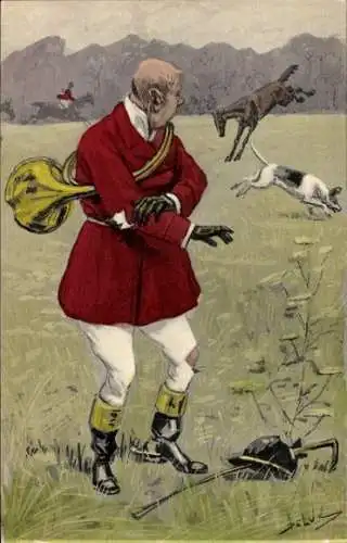 Künstler Ak Reiter mit Horn, Pferd, Hund
