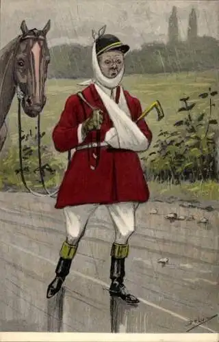Künstler Ak Verletzter Jockey, Verband, Pferd, Regenwetter