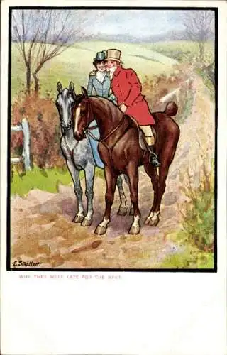 Künstler Ak Liebespaar, Ausritt, Pferde