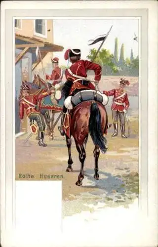 Litho Rote Husaren, deutsche Soldaten, Kavallerie, Lanzen, Pferde, Kaiserreich