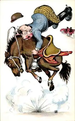 Künstler Ak Mann versucht auf einem ungezügeltem Pferd zu reiten