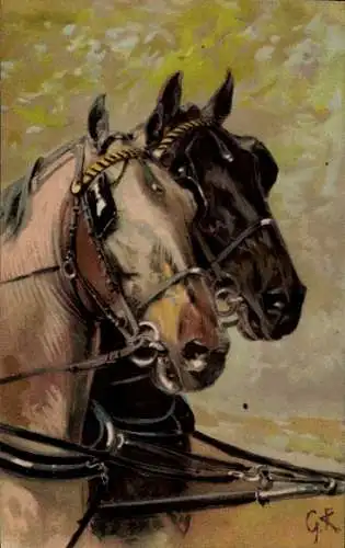 Künstler Ak Zwei Pferde, Zaumzeug, Portrait