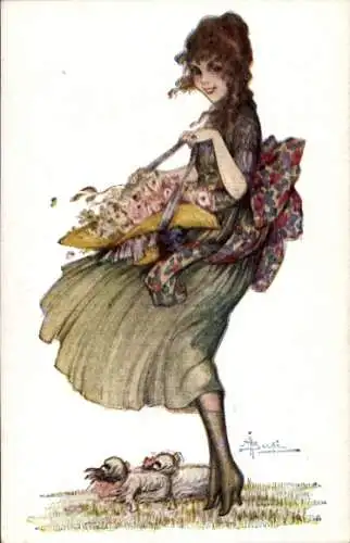 Künstler Ak Mädchen mit Blumenkorb, gemaltes Porträt