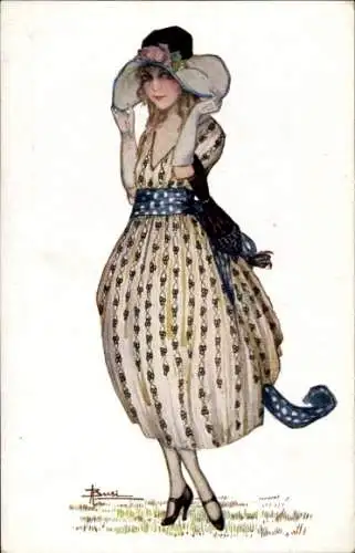 Künstler Ak Frau in Blumenkleid, Gemaltes Porträt