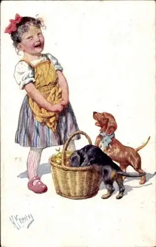 Künstler Ak Feiertag, Karl, Mädchen, Dackel, Korb mit Früchten