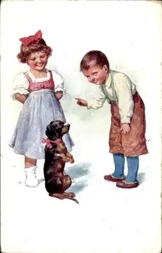 Künstler Ak Hund macht Männchen, Kinder, Dackel