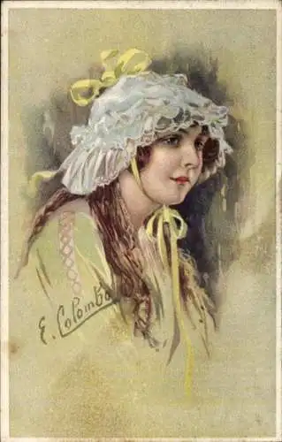 Künstler Ak Colombo, E., Frau, Gemaltes Porträt, Mütze