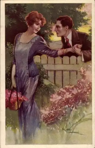 Künstler Ak Liebespaar, Treffen im Garten, Blumen, Zaun