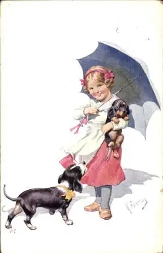 Künstler Ak Feiertag, Karl, Dulde, gedulde dich fein, Mädchen mit Dackel im Arm, Hund