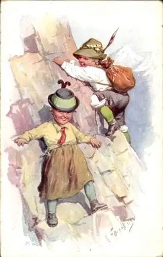 Künstler Ak Feiertag, Karl, Zwei Kinder beim Bergsteigen