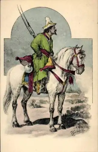Künstler Ak Kuczera, F., Mann in Volkstracht, Weißes Pferd