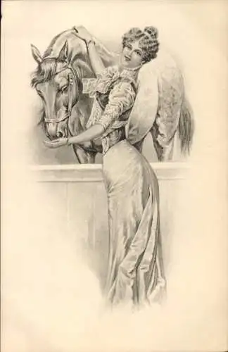 Ak Frau füttert ihr Pferd, Pferdestall, Zaumzeug