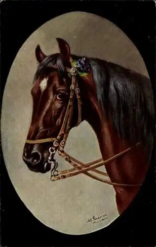 Künstler Ak Braunes Pferd, Zaumzeug, Kopfstudie