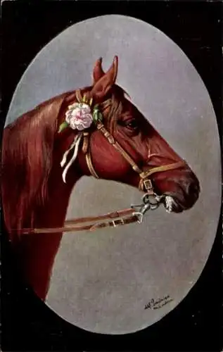 Künstler Ak Braunes Pferd, Zaumzeug, Kopfstudie, Blumen