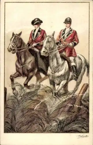 Künstler Ak Paar zu Pferden, Ausritt