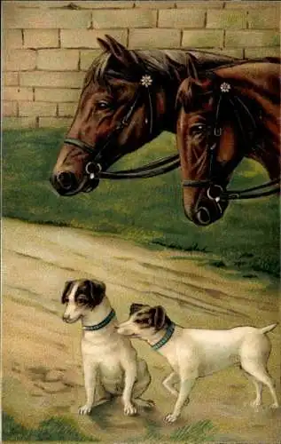 Ak Zwei braune Pferde, Welpen, Hunde