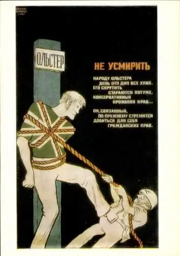 Ak Russland, Propaganda, Mann an Säule festgebunden, Britische Fahne