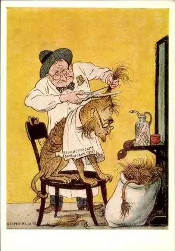 Künstler Ak Kukryniksy, Löwe beim Frisör