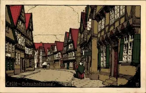 Steindruck Ak Celle in Niedersachsen, Schuhstraße