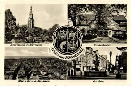 Ak Świdnica Schweidnitz Schlesien, Rosengarten, Pfarrkirche, Friedenskirche, Ring, Panorama, Wappen