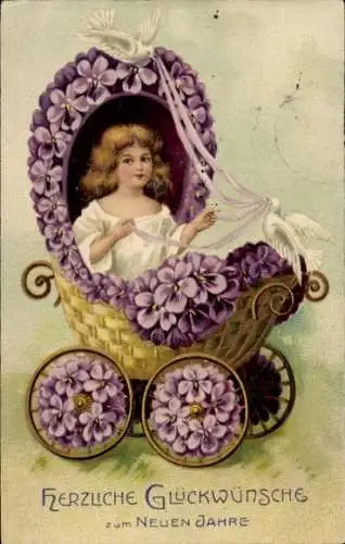Litho Glückwunsch Neujahr, Mädchen im Blumenwagen