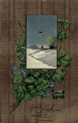 Präge Ak Fröhliches Neujahr, Winterlandschaft, Kleeblätter