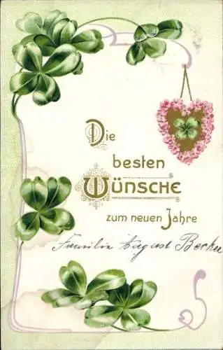 Ak Fröhliches Neujahr, Kleeblätter, Herz aus Blumen
