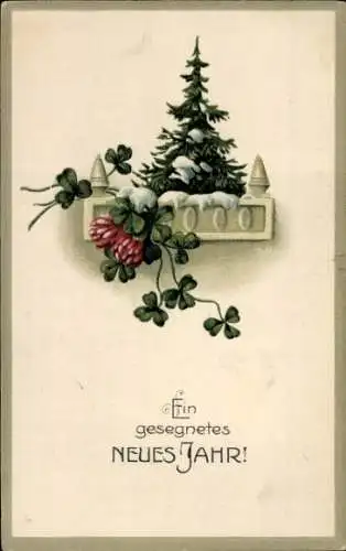 Ak Fröhliches Neujahr, Tannenbaum, Kleeblätter