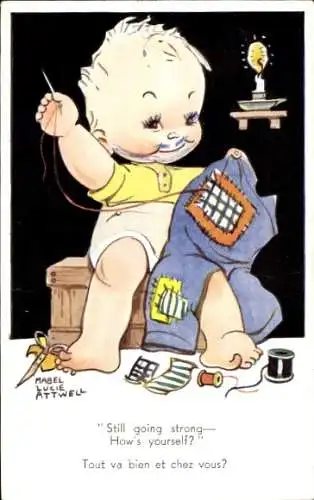 Künstler Ak Attwell, M. L., Kind beim Nähen, gemaltes Porträt