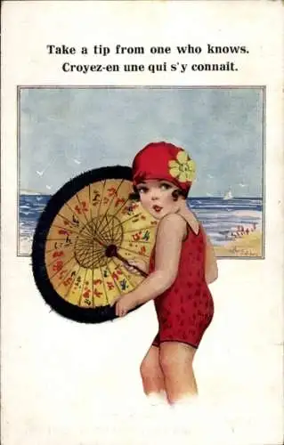 Künstler Ak Mädchen im Badeanzug, Sonnenschirm