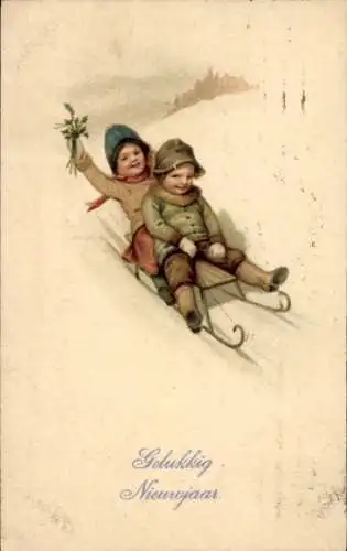 Ak Glückwunsch Neujahr, Schlitten, Kinder