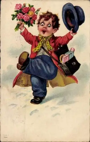 Künstler Ak Junge mit Blumen, Geschenke