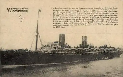 Ak Dampfer La Provence, CGT, French Line