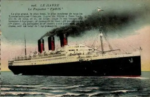 Ak Dampfer Paris, CGT, French Line