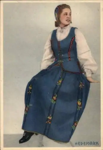 Ak Hedemark Norwegen, junge Frau in traditioneller norwegischer Tracht