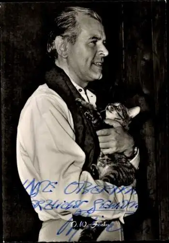 Ak Schauspieler O.W. Fischer mit Katze auf dem Arm, Autogramm