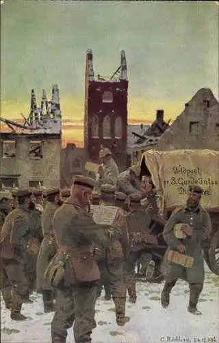 Künstler Ak Röchling, C., Ankunft von Liebesgaben, Soldaten, Pakete, Feldpost 3. Garde Inf. Div.