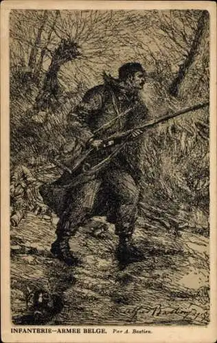 Künstler Ak Bastien, A., Infanterie Armee Belge, Soldat mit Gewehr