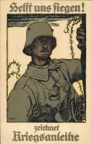 Künstler Ak Erler, Helft uns siegen, zeichnet Kriegsanleihe, Soldat in Stahlhelm mit Gasmaske, I. WK